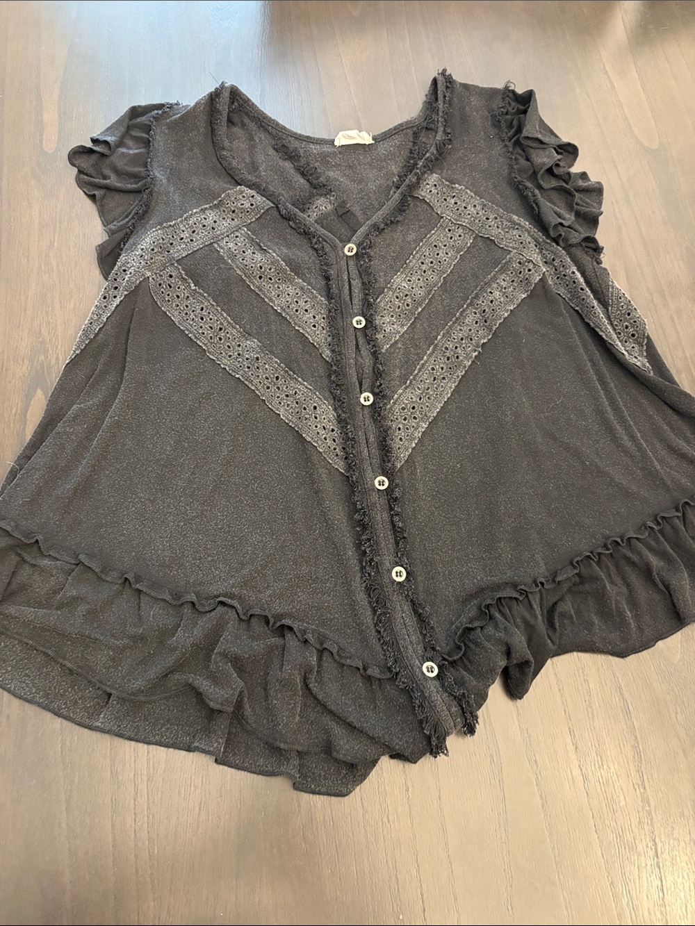 POL Black Button-Front Ruffle Lace Detail Top